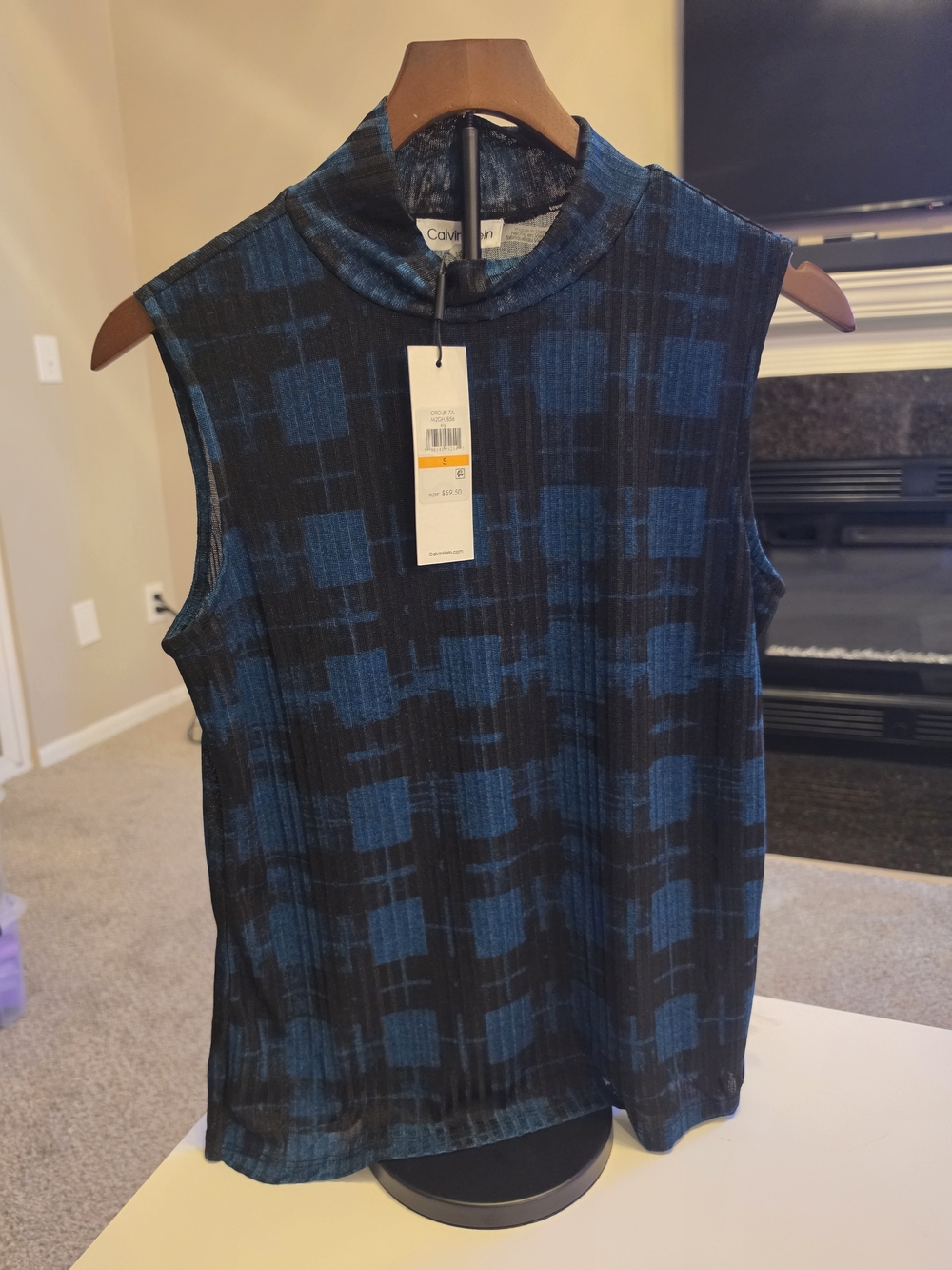 Calvin Klein Blue & Black Sleeveless Mock Neck Tank